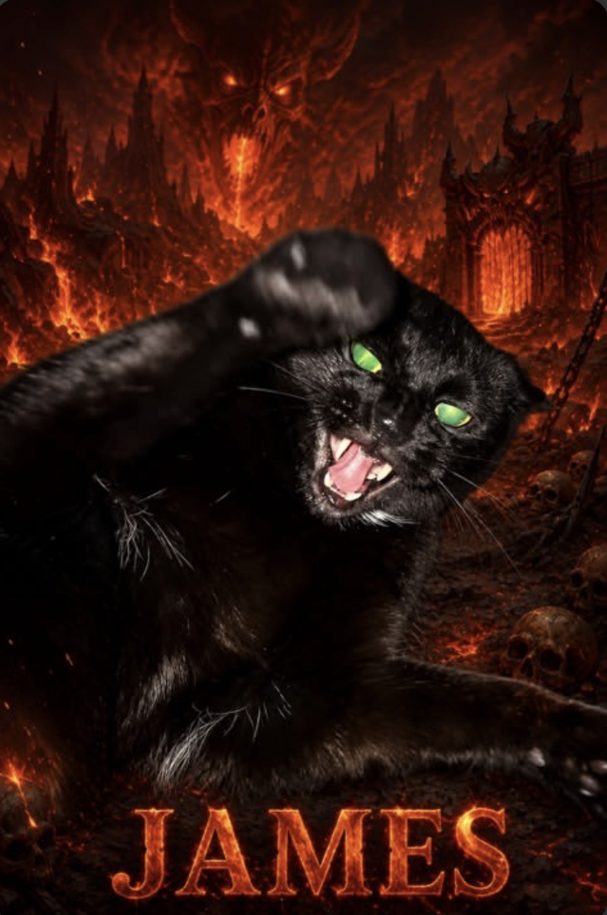 Shadow the black cat snarling in front of a fiery hellscape background