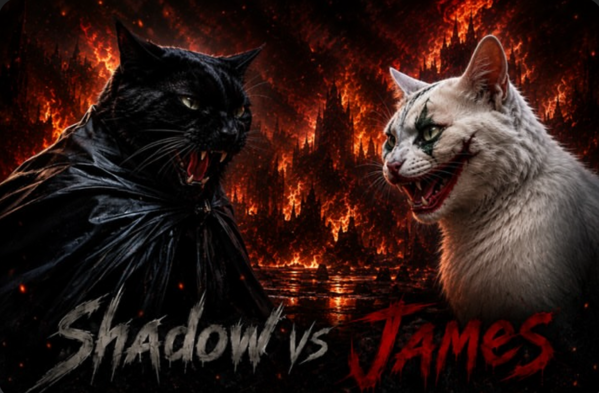 Shadow the black cat facing off against James the white cat